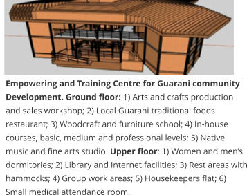 Empowering and Training Centre for Guarani community Development. Ground floor: 1) Arts and crafts production and sales workshop; 2) Local Guarani traditional foods restaurant; 3) Woodcraft and furniture school; 4) In-house courses, basic, medium and professional levels; 5) Native music and fine arts studio. Upper floor: 1) Women and men’s dormitories; 2) Library and Internet facilities; 3) Rest areas with hammocks; 4) Group work areas; 5) Housekeepers flat; 6) Small medical attendance room.